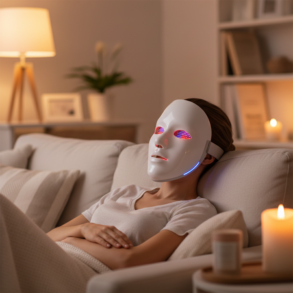 Mulher a usar a máscara LED em casa