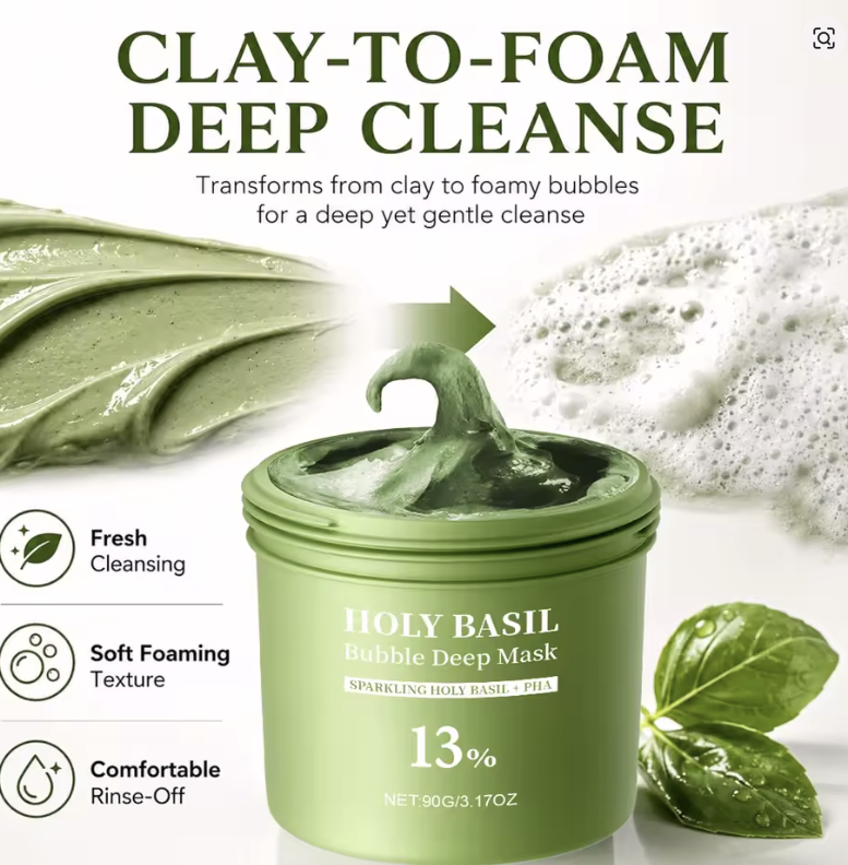MillahGlow Holy Basil Bubble Deep Mask - clay-to-foam