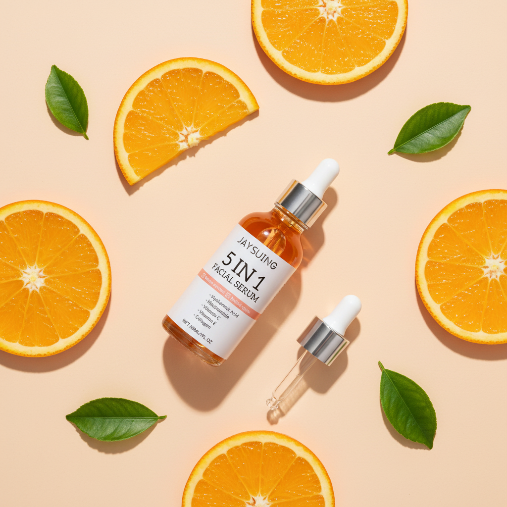 Flat lay do Glow Serum com laranjas