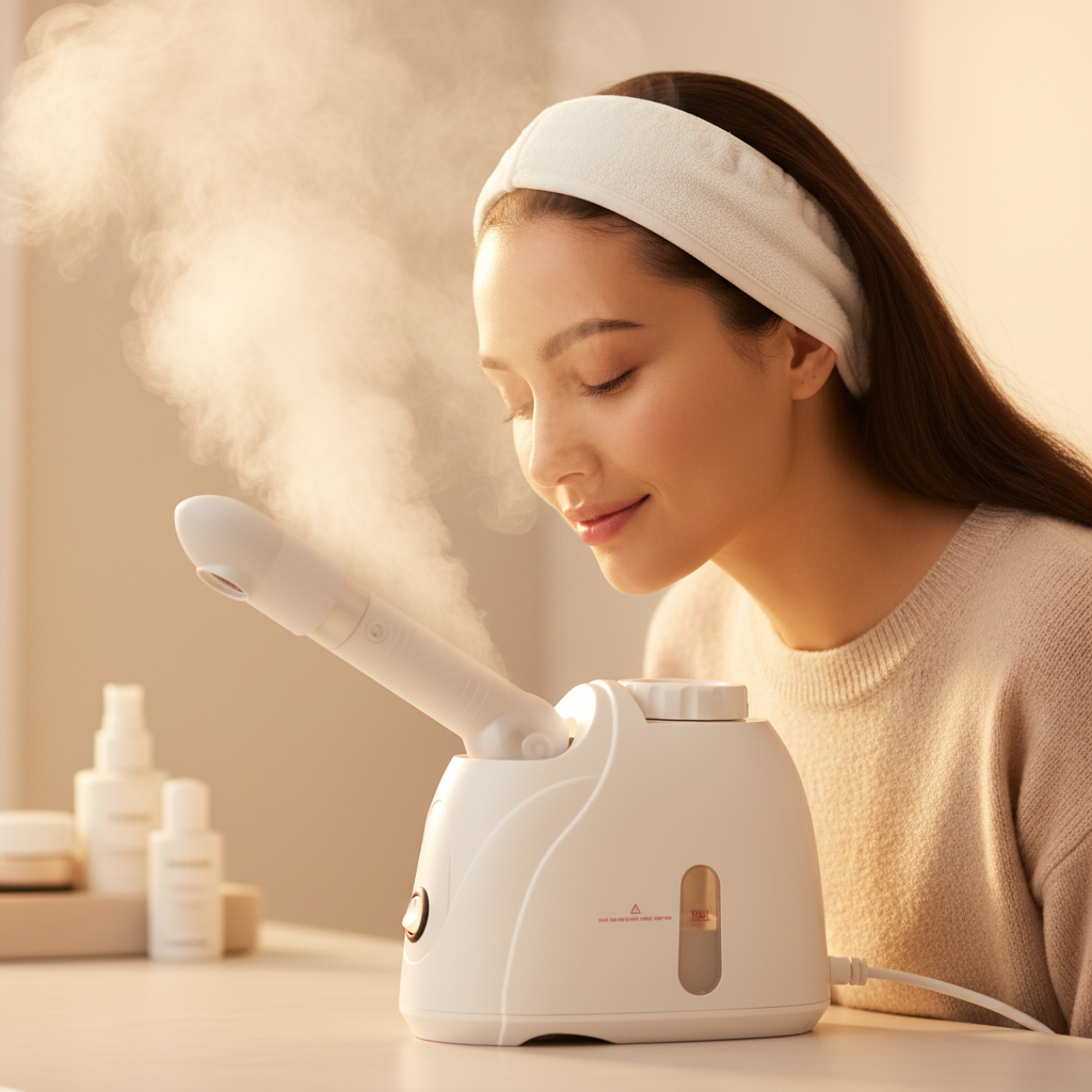 Mulher a usar o vaporizador facial em casa