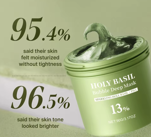 MillahGlow Holy Basil Bubble Deep Mask - resultados 95.4% e 96.5%