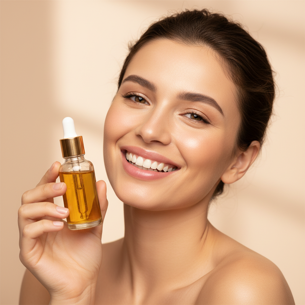 Mulher com pele radiante a usar o Peptide Youth Serum