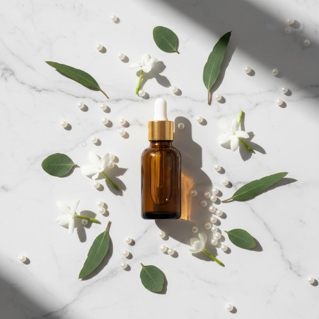 Flat lay do Peptide Youth Serum com pérolas de colágenio e flores