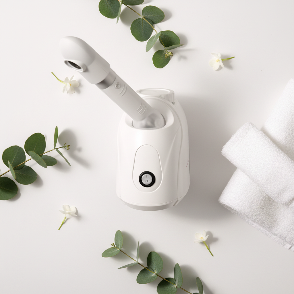 Flat lay do Steam Ritual com folhas e toalha