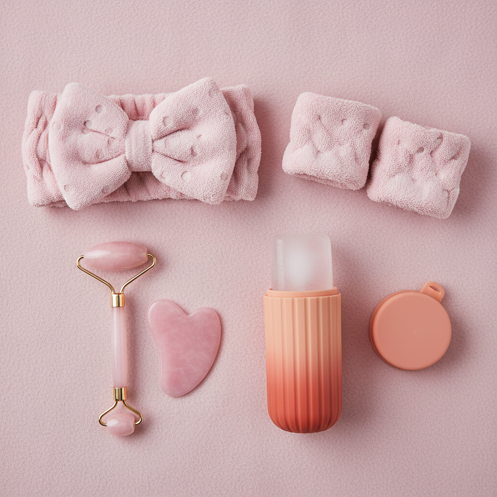 Flat lay do Ice Glow Kit com fundo rosa